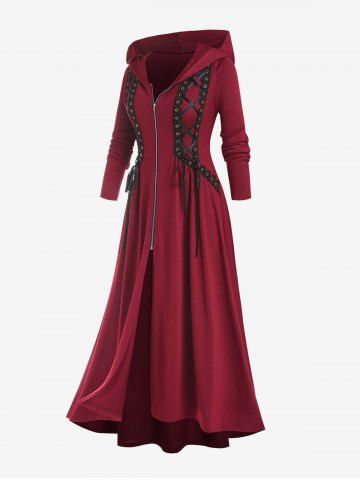 Gothic Plus Size Hooded Lace Up Front Zipper High Low Maxi Coat