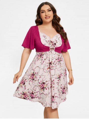 Plus Size Flutter Sleeves Crop Top and Lace Panel Floral Cami Dress Set - RED - 5X | US 30-32