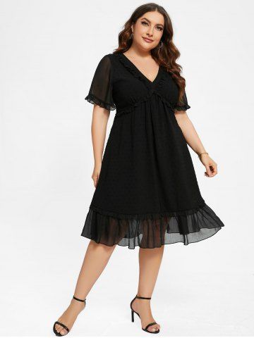 Plus Size Ruffles Lace Trim Sheer Dress