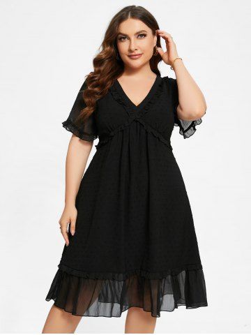 Plus Size Ruffles Lace Trim Sheer Dress