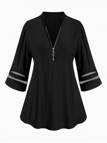 Plus Size Zipper Lace Stripe Short Sleeves T-shirt - BLACK - L