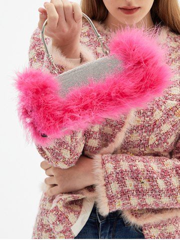 Women's Party Evening Sparkly Rhinestone Feather Handbag - DEEP PINK