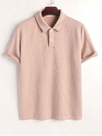 Polo Collared Geometric Jacquard Textured Quarter Button Short Sleeves T Shirt - LIGHT PINK - S