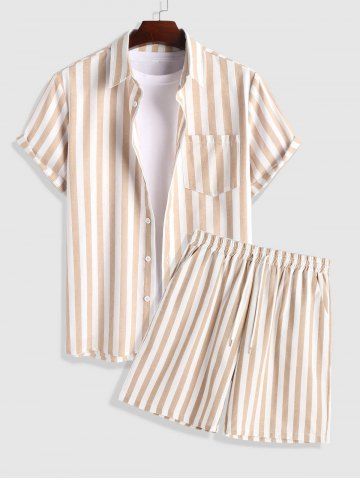 Men's Casual Co Ord Vertical Stripes Pocket Shirt with Drawstring Short Set - LIGHT COFFEE - S