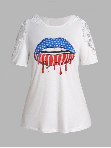 Plus Size Mouth Star Striped Print Guipure Hollow Out Lace Patriotic T Shirt - WHITE - 2XL