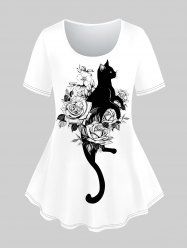 T-shirt Chat Fleur Imprimés à Manches Courtes de Grande Taille - Blanc 6X