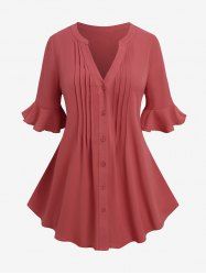 Plus Size Pleated Buttons Ruffles Blouse -  
