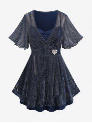 T-shirt Superposé Cœur Bouclé de Grande Taille à Manches Courtes à Volants - Bleu profond M | US 10