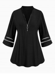 Plus Size Zipper Lace Stripe Short Sleeves T-shirt -  