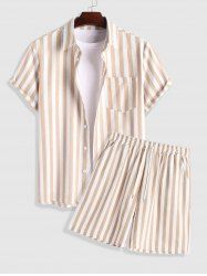 Men's Casual Co Ord Vertical Stripes Pocket Shirt with Drawstring Short Set -  
