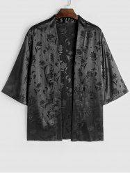 Kimono en Satin Ouvert en Avant à Imprimé Rose - Noir S