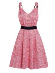 Space Dye Mock Button High Waisted Belted V Neck A Line Mini Dress -  