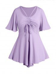 Plus Size Cinched Ruched Pastel Color Cut Out Ruffle Sleeve Asymmetrical T Shirt -  