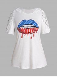 Plus Size Mouth Star Striped Print Guipure Hollow Out Lace Patriotic T Shirt -  