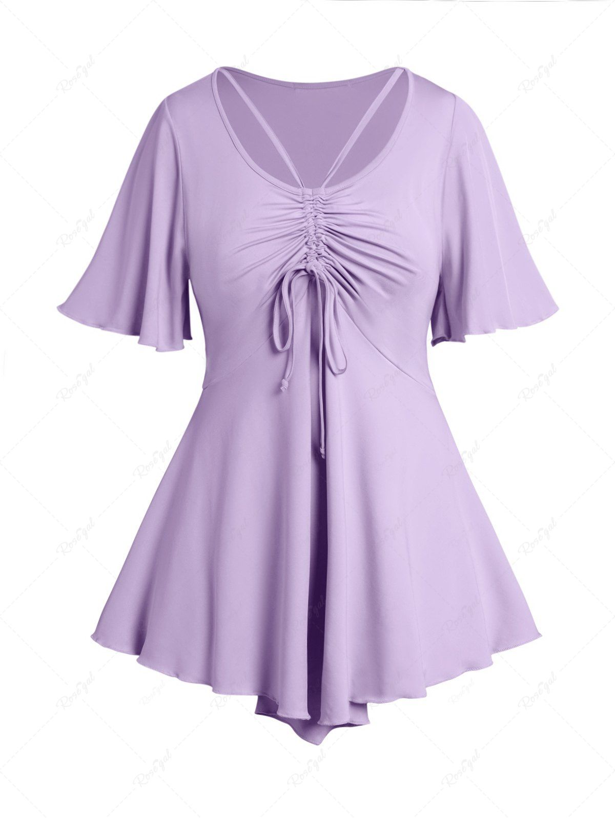 Latest Plus Size Cinched Ruched Pastel Color Cut Out Ruffle Sleeve Asymmetrical T Shirt  