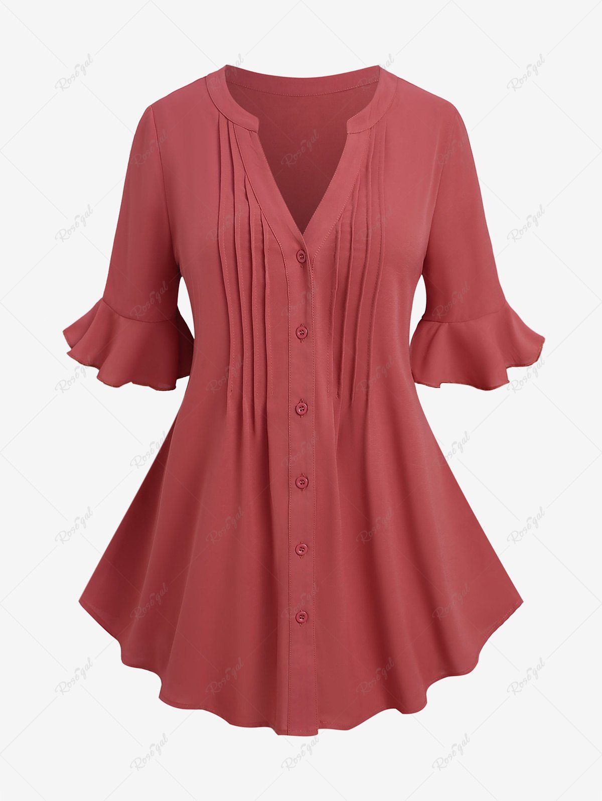 Outfits Plus Size Pleated Buttons Ruffles Blouse  