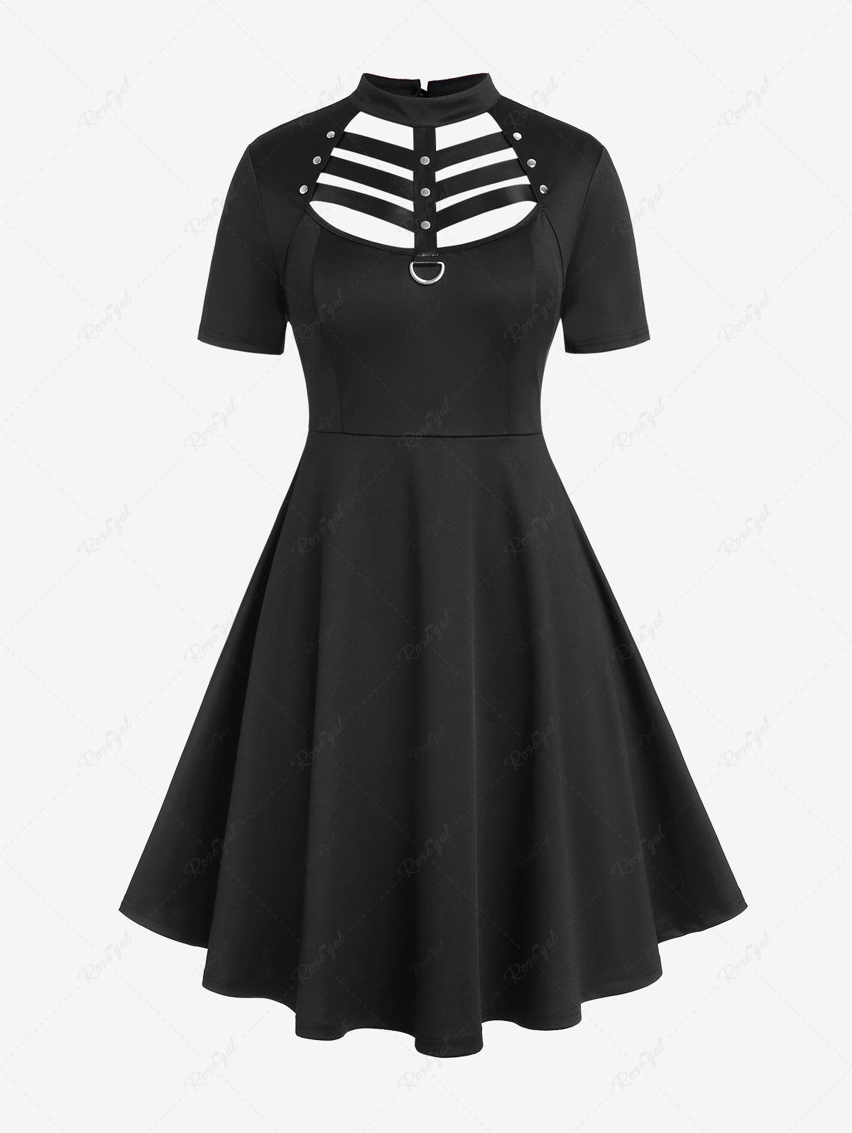 Sale Gothic D-ring PU Leather Panel Ladder Cutout Dress  