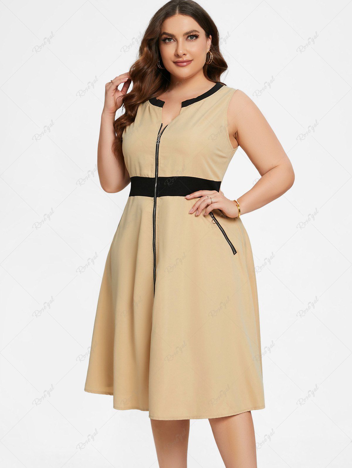 Trendy Plus Size Pocket Zipper Sleeveless Dress  