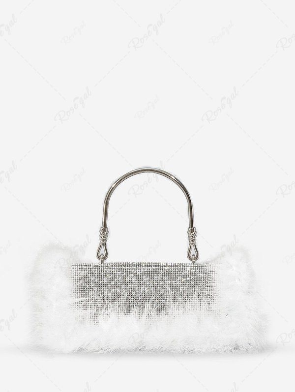 Sac à Main de Soirée Plume Brillante en Strass pour Femme Blanc 