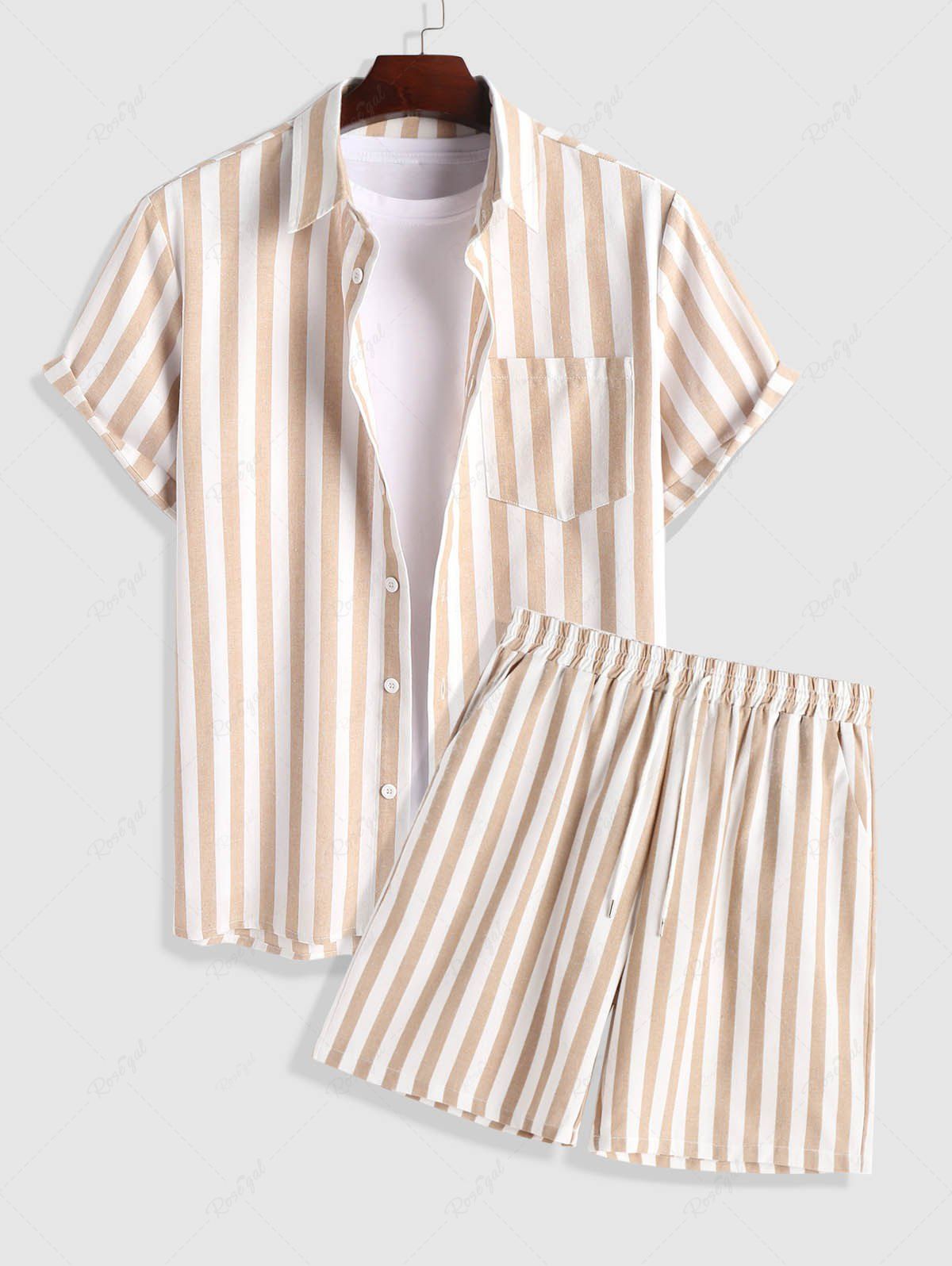 Hot Men's Casual Co Ord Vertical Stripes Pocket Shirt with Drawstring Short Set  