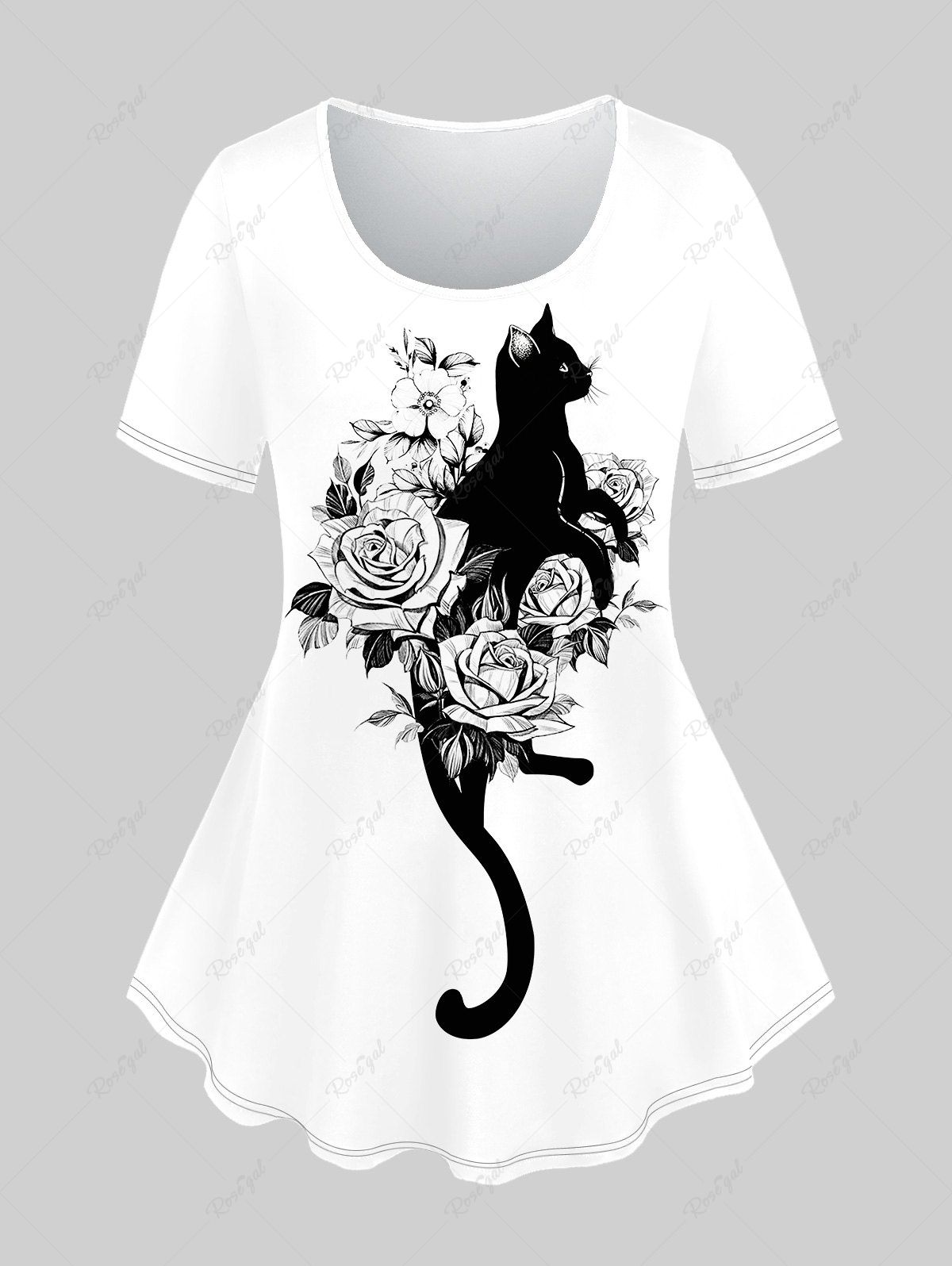 T-shirt Chat Fleur Imprimés à Manches Courtes de Grande Taille Blanc 6X
