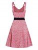 Space Dye Mock Button High Waisted Belted V Neck A Line Mini Dress -  
