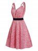 Space Dye Mock Button High Waisted Belted V Neck A Line Mini Dress -  