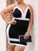 Plus Size Monochrome Plunging Backless Bodycon Mini Cami Dress (Adjustable Straps) -  