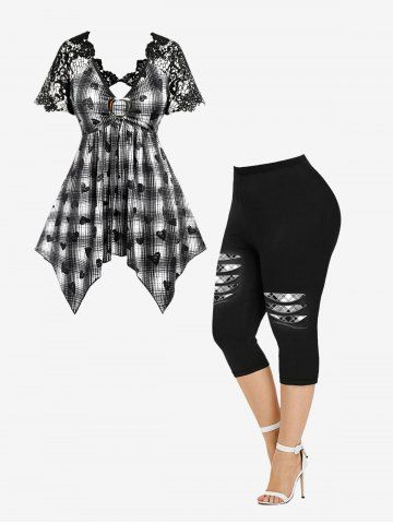 Plaid Heart Printed Lace Buckle Handkerchief Short Sleeve T-shirt and 3D Checkered Printed Hole Leggings Plus Size Outfit
