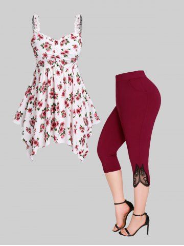 Floral Faux Pearl Lace Decor Frilled Tank Top and Butterfly Lace Trim Rhinestones Capri Jeggings Plus Size Outfit