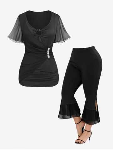Mesh Panel Metal 2 in 1 Tee and Pull On Capri Flare Pants Plus Size Matching Set Outfit - BLACK