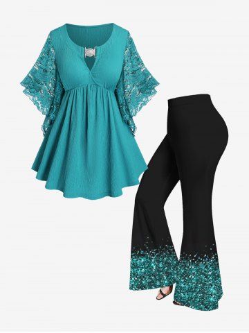 Keyhole Lace Butterfly Sleeve Tee and Flare Pants Plus Size Summer Outfit - MULTI