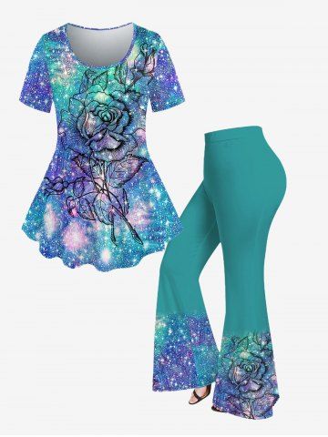 Galaxy Glitter Flower Printed T-shirt and Glitter Flower Printed Flare Pants Plus Size Outfit