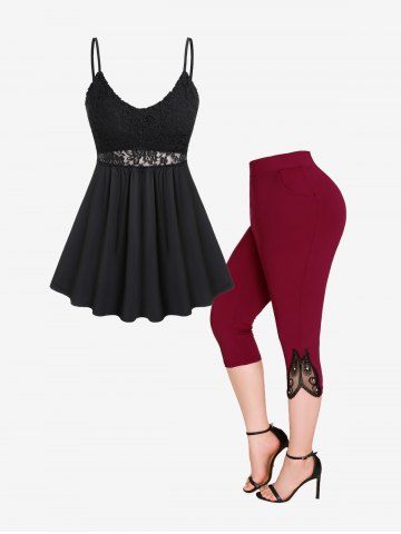 Lace Panel Open Back Tunic Top and Rhinestones Capri Jeggings Plus Size Summer Outfit - BLACK