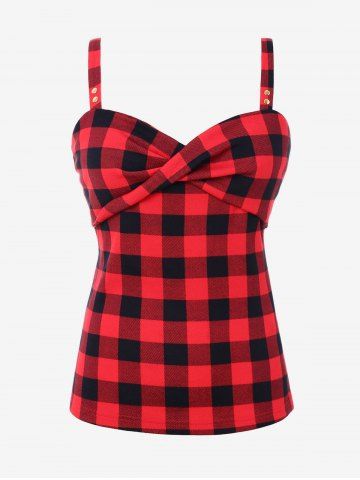 Plus Size Checked Twist Front Tank Top - RED - 4X | US 26-28