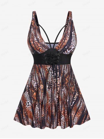 Plus Size Lace Up Leopard Print Tankini Swimsuit - COFFEE - M | US 10