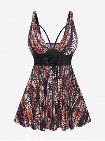 Plus Size Lace Up Leopard Print Tankini Swimsuit - COFFEE - L | US 12
