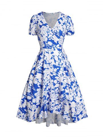 Allover Flower Print Plunge Flounce Wrap Dress - BLUE - L