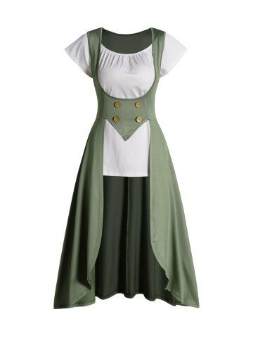 Mock Button High Low Longline Top And Pure Color Short Sleeve T-shirt Set - LIGHT GREEN - S