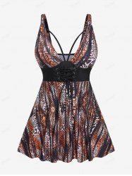 Plus Size Lace Up Leopard Print Tankini Swimsuit -  