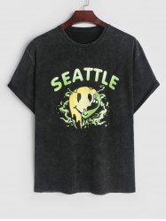 Retro Washed SEATTLE Letter Drippy Smile Face Graphic Drop Shoulder Short Sleeves 100% Cotton T Shirt -  