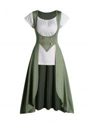 Mock Button High Low Longline Top And Pure Color Short Sleeve T-shirt Set -  
