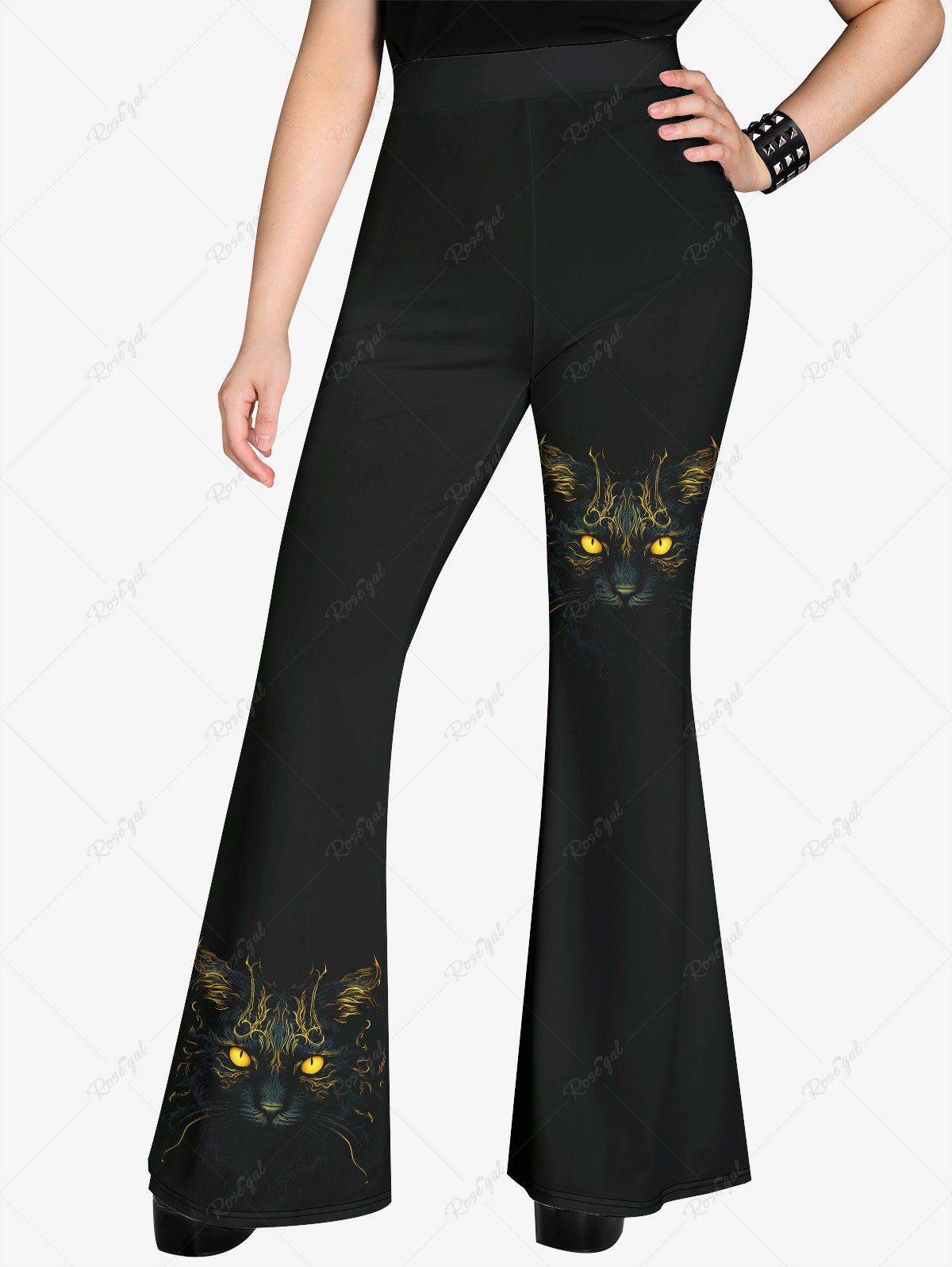 Cheap Gothic Cat Print Flare Pants  
