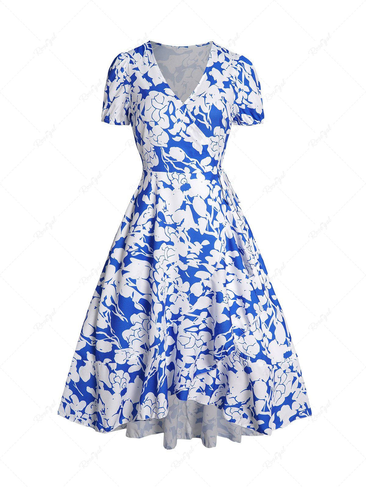 Unique Allover Flower Print Plunge Flounce Wrap Dress  