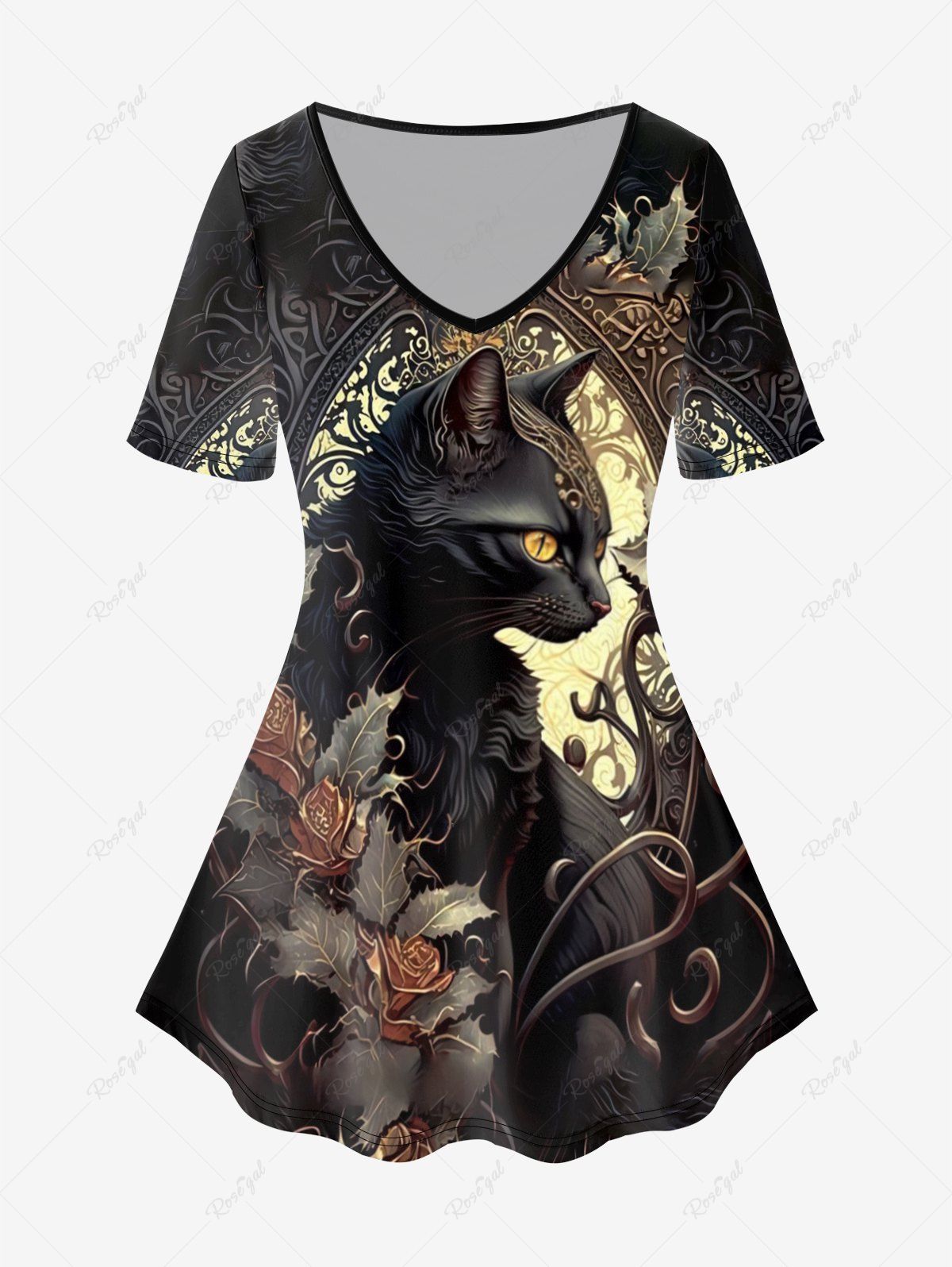 T-shirt Gothique Fleur et Chat Imprimés à Manches Courtes Noir XS