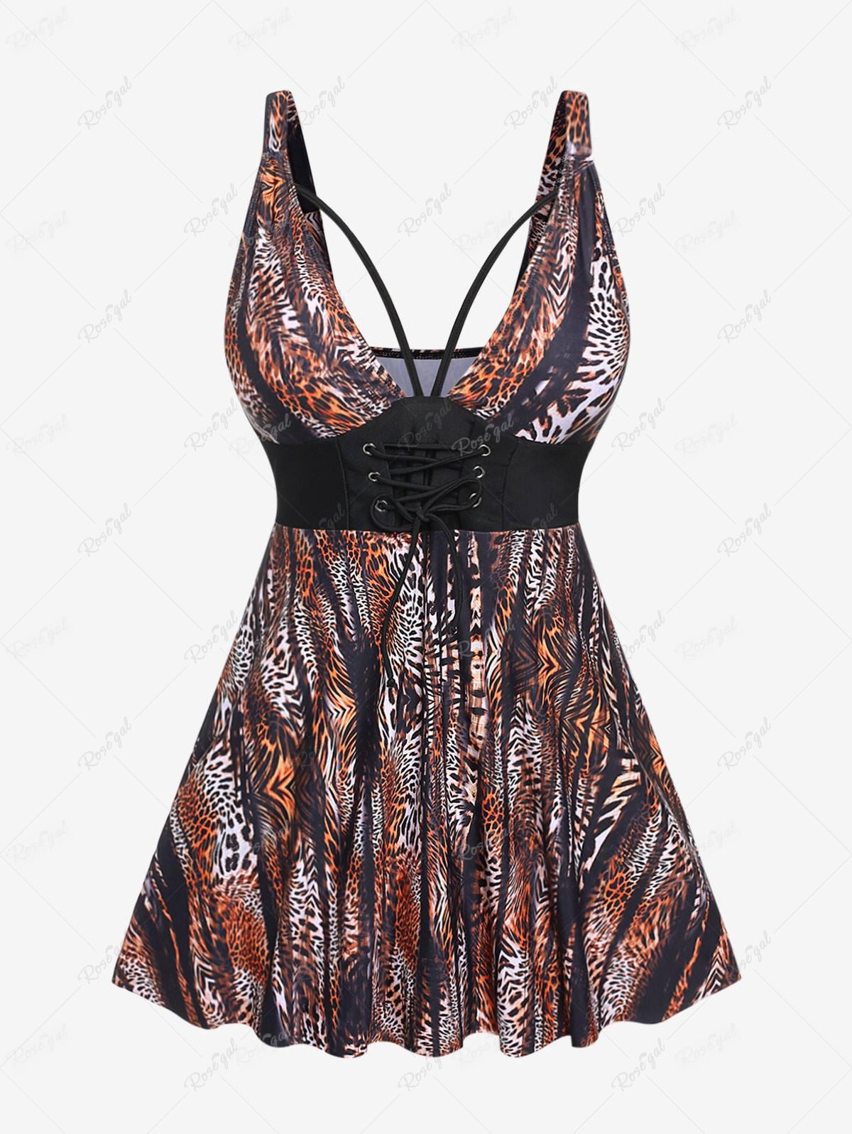Sale Plus Size Lace Up Leopard Print Tankini Swimsuit  