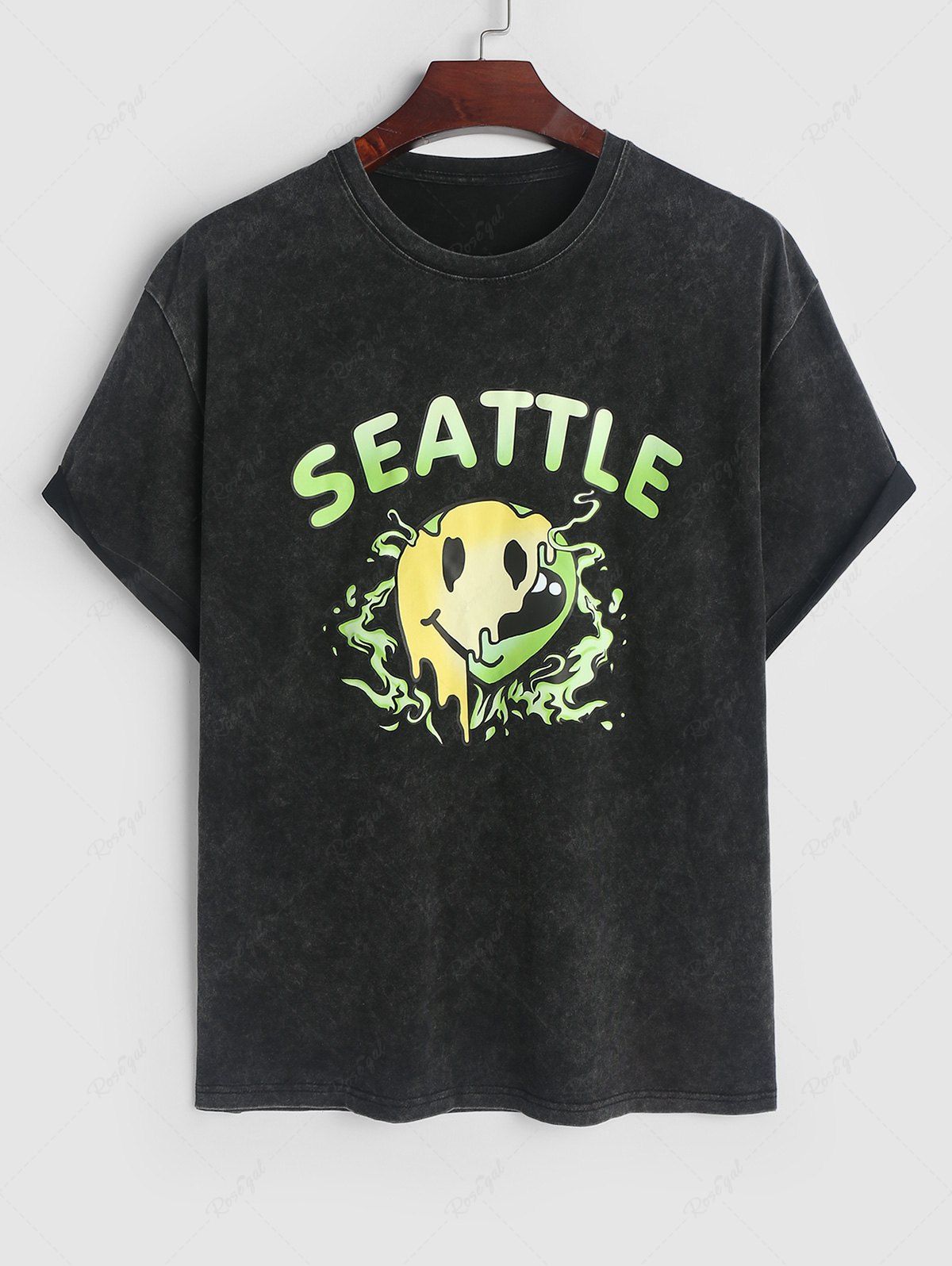 Online Retro Washed SEATTLE Letter Drippy Smile Face Graphic Drop Shoulder Short Sleeves 100% Cotton T Shirt  