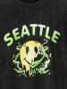 Retro Washed SEATTLE Letter Drippy Smile Face Graphic Drop Shoulder Short Sleeves 100% Cotton T Shirt -  