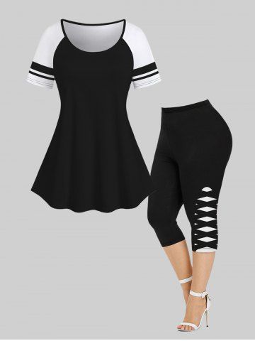 Plus Size Striped Sleeves Raglan Shoulder T-shirt and Leggings Outfit - BLACK