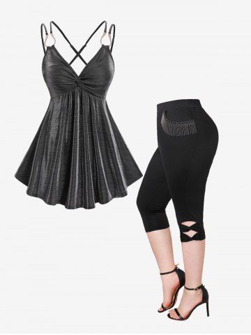 Twist Backless Metal Tank Top and Tassels Twisted Leggings Plus Size Outfit - BLACK